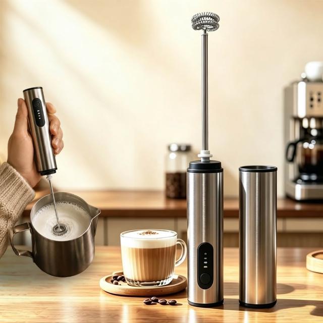 【kingkong】無線手持電動奶泡器 咖排打泡器 牛奶攪拌棒 打蛋器(不銹鋼奶泡器+不銹鋼套筒)