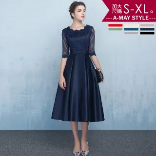 【Amay Style 艾美時尚】中大尺碼女裝 晚禮服 伴娘服 優雅蕾絲設計五分袖顯瘦中長版洋裝。S-XL(8色.預購)