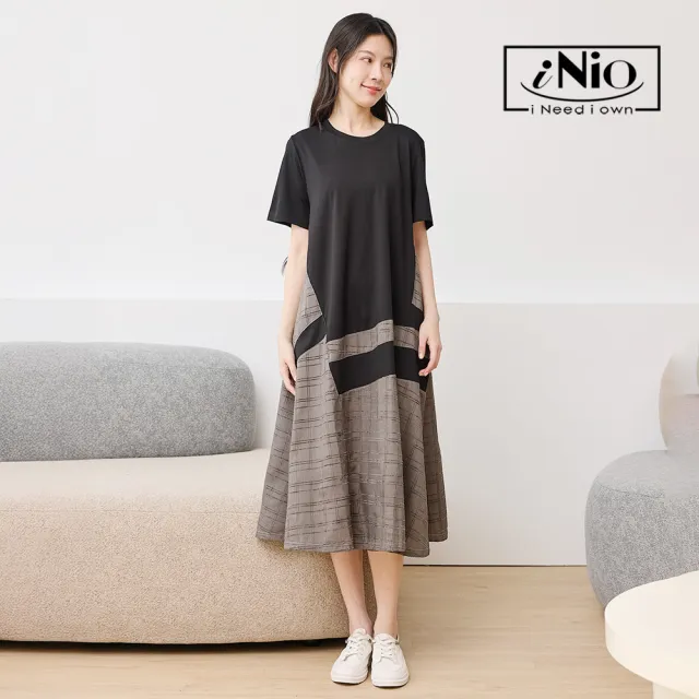 【iNio 衣著美學】面料拼接短袖連身裙 女長洋裝 異材質拼接洋裝 顯瘦修身洋裝 寬鬆短袖洋裝  CHW3011