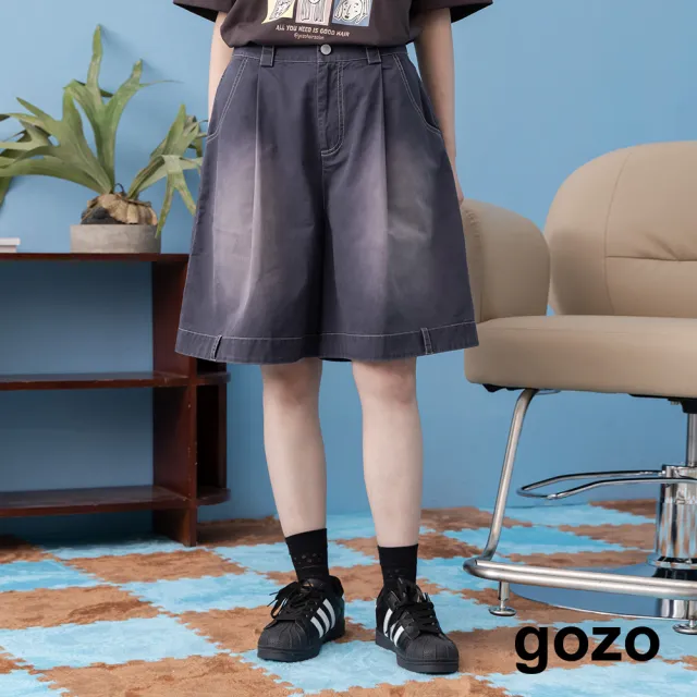 【gozo】顛倒設計水洗後鬆緊五分褲(深灰/深藍)