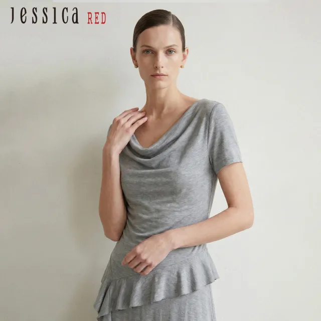 【Jessica Red】天絲垂墜領短袖不規則下擺T恤R63611（灰）