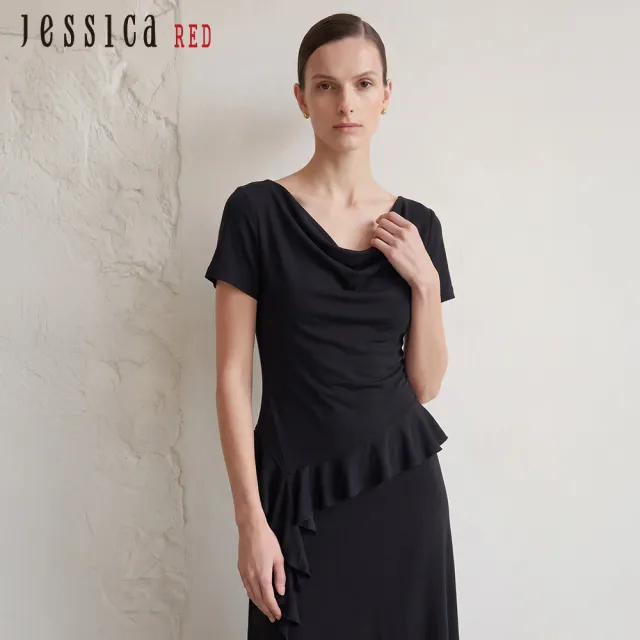 【Jessica Red】天絲垂墜領短袖不規則下擺T恤R63611（黑）