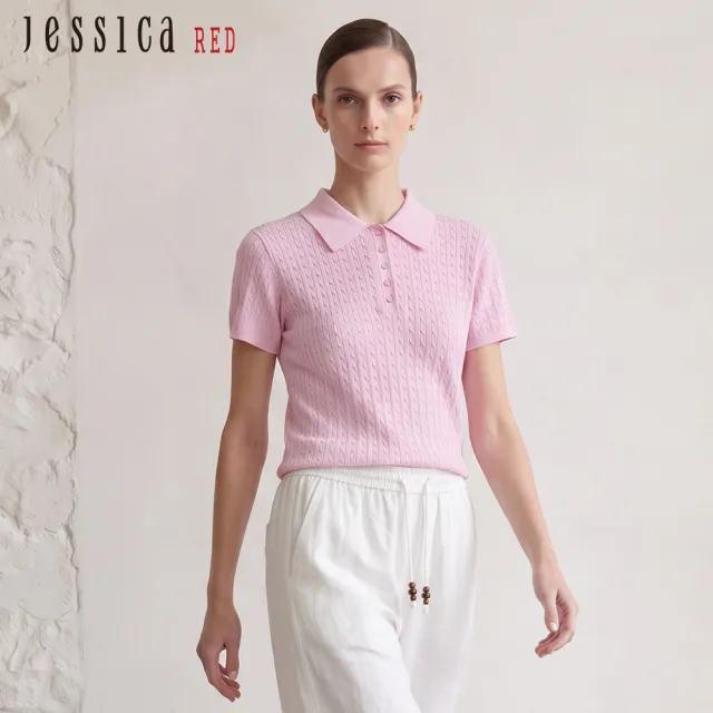【Jessica Red】Polo領天絲亞麻蠶絲短袖針織衫R63501（粉）