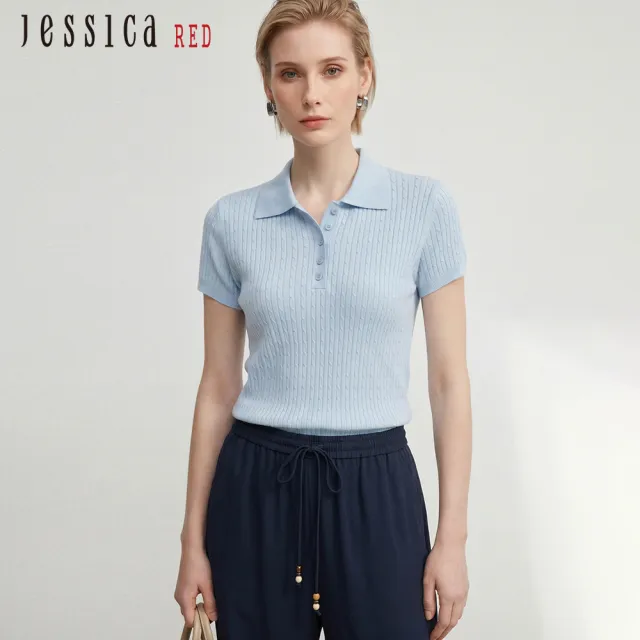 【Jessica Red】Polo領天絲亞麻蠶絲短袖針織衫R63501（藍）