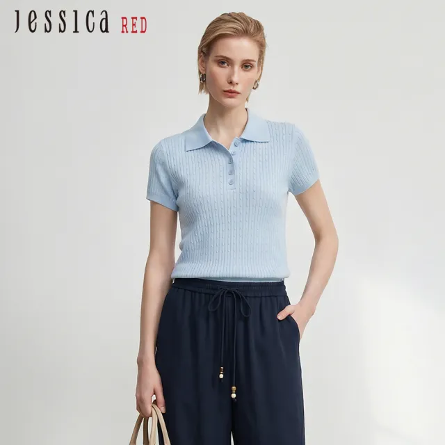 【Jessica Red】Polo領天絲亞麻蠶絲短袖針織衫R63501(藍)