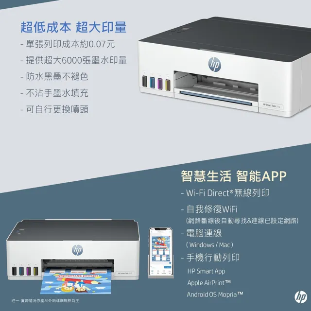 【HP 惠普】官方直營 搭2組1黑3彩墨水★Smart Tank 215 單功Wifi連續供墨印表機(列印/無線) (4A8H7A)