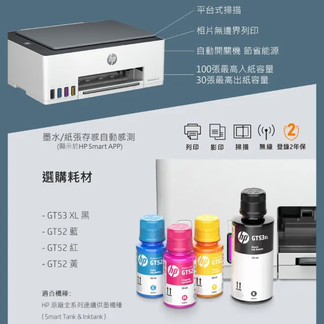 【HP 惠普】官方直營 Smart Tank 580 All-in-One 三合一Wifi連續供墨複合機 列印/影印/掃描(5D1B4A)