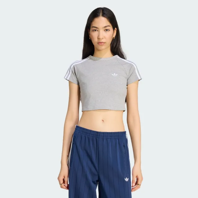 【adidas 愛迪達】短版短袖上衣 KS4705 女款ORIGINALS緊身U領短版T恤 灰色