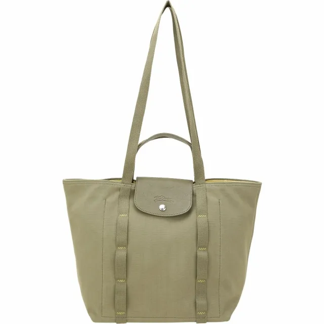 【LONGCHAMP】Le Pliage Collection 縫線織帶 帆布手提 肩背托特包(地衣綠 兩用包 通勤包)