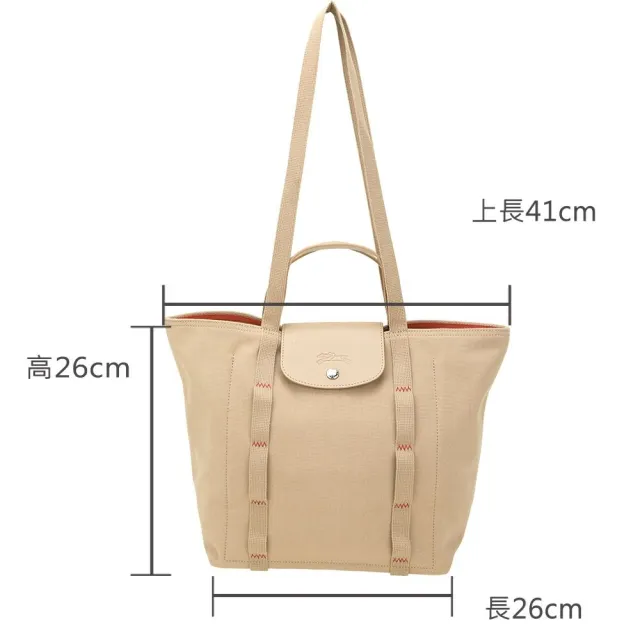 【LONGCHAMP】Le Pliage Collection 縫線織帶 帆布手提 肩背托特包(米色 兩用包 通勤包)