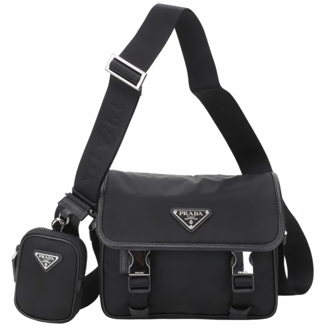 【PRADA 普拉達】Tessuto 三角牌再生尼龍拼防刮皮斜背郵差包 附萬用包(黑色 尼龍包 米蘭精品)