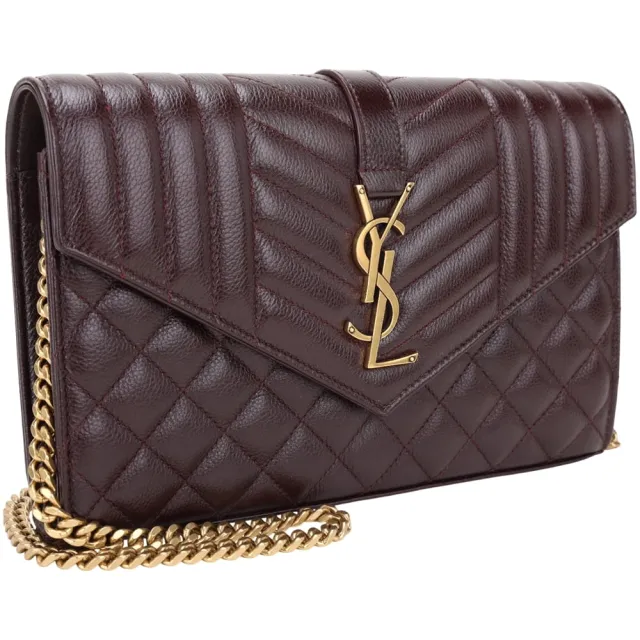 【YSL】Saint Laurent CASSANDRE 金字菱格絎縫牛皮信封式鍊帶斜背包(酒紅 肩背 鍊包 手拿包)