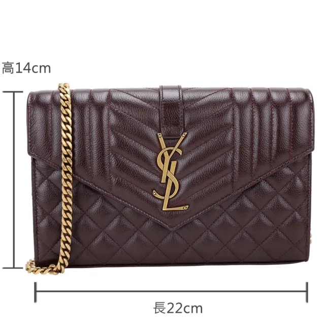 【YSL】Saint Laurent CASSANDRE 金字菱格絎縫牛皮信封式鍊帶斜背包(酒紅 肩背 鍊包 手拿包)