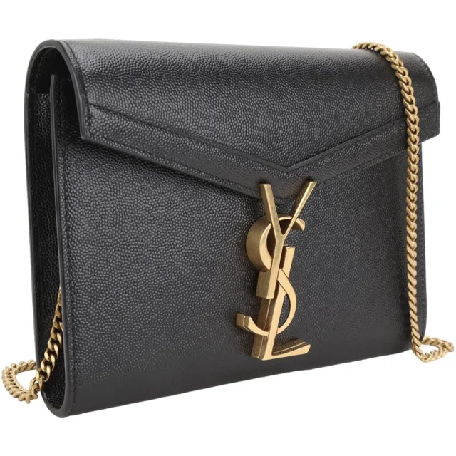 【YSL】Saint Laurent Cassandra 小牛皮金屬字母轉扣信封鍊帶/手拿包(黑色 肩背包 鍊包)