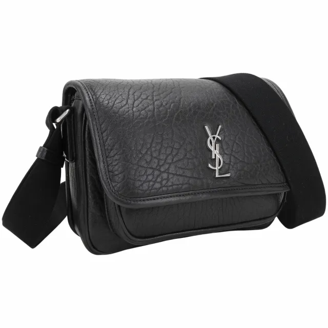 【YSL】Saint Laurent NIKI CASSANDRE 銀字揉製羊皮翻蓋斜背郵差包(黑色 側背 信差包)