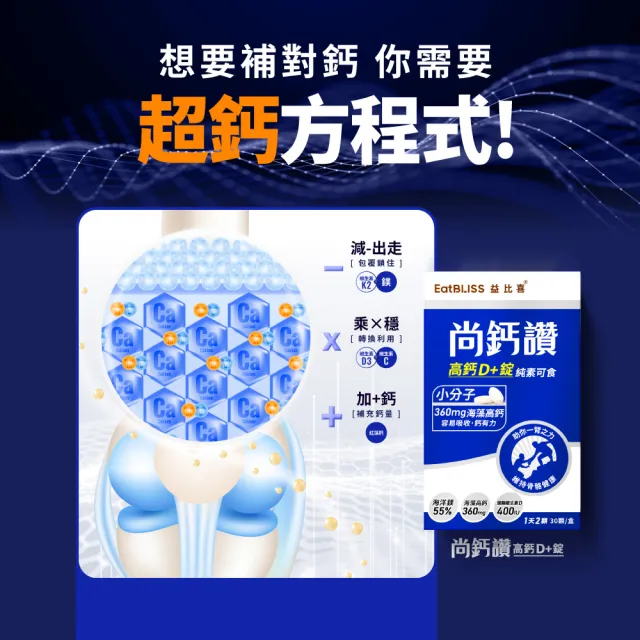 【EatBLISS 益比喜】尚鈣讚高鈣D+錠(30粒/盒 維生素C.D.K2.海藻鈣.海洋鎂)