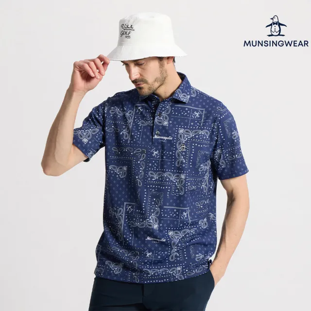 【Munsingwear】企鵝牌 男款深藍色 美式變形蟲圖騰滿版印花短袖 Polo 衫 MGXJ2043