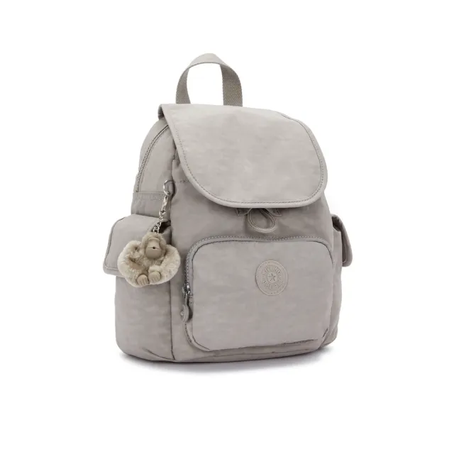 【KIPLING】『猴子包』溫柔沉穩灰拉鍊掀蓋後背包-CITY PACK MINI 女包