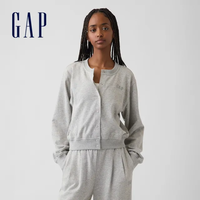 【GAP】VintageSoft毛圈布寬鬆短版開襟大學T-淺麻灰(911058)