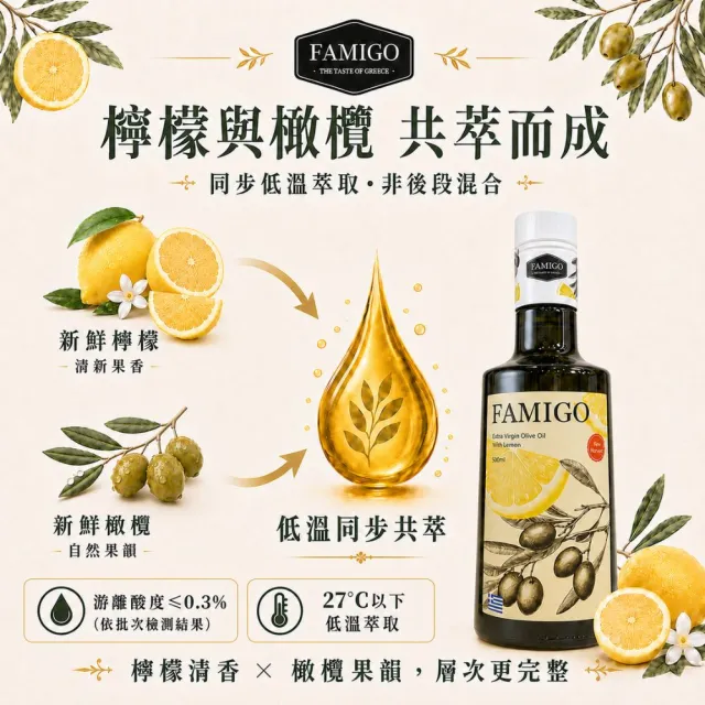 【FAMIGO】法米戈 希臘原裝 檸檬共萃特級初榨橄欖油 500ml (涼拌/沙拉/生飲/酸度小於0.3%/Koroneiki品種)