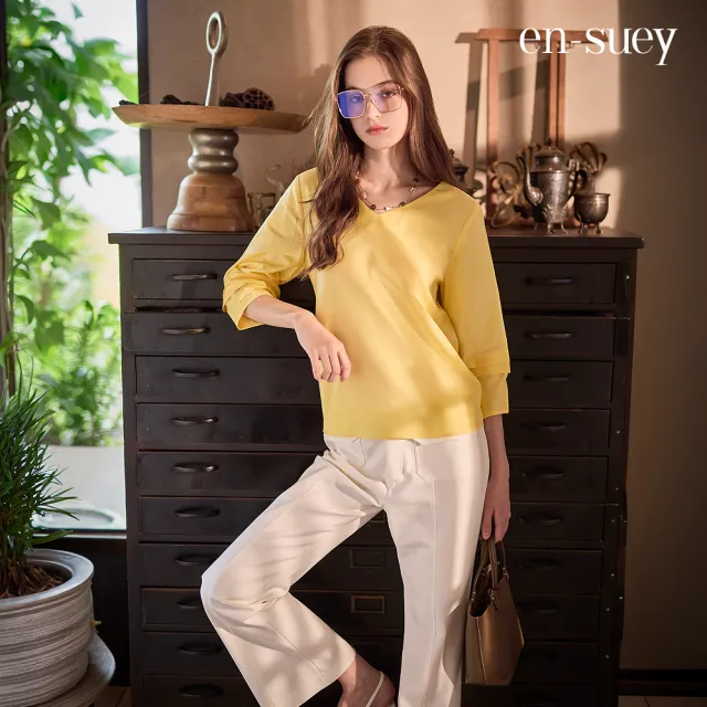 【en-suey 銀穗】後領綁結七分袖棉麻上衣-女