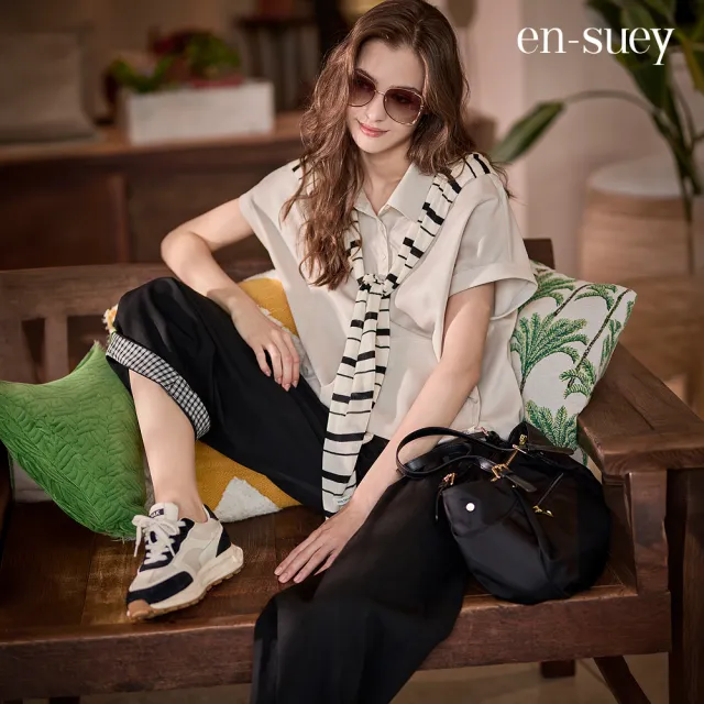【en-suey 銀穗】異素材褲腳翻摺繭型長褲-女