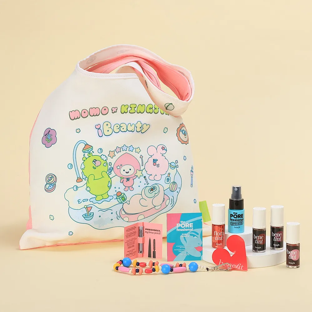 【benefit 貝玲妃】聯名組(染唇液4選1+手機掛繩+定妝噴霧+毛孔隱形露+眉筆體驗版)momo x KINGJUN美妝聯名袋