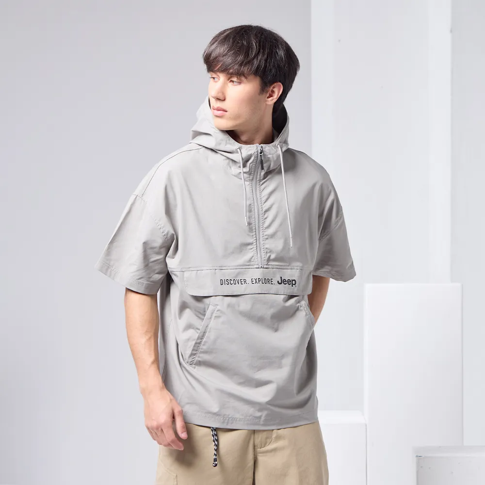 【JEEP】男裝 COOLMAX涼感半開襟連帽衝鋒衣(灰色)