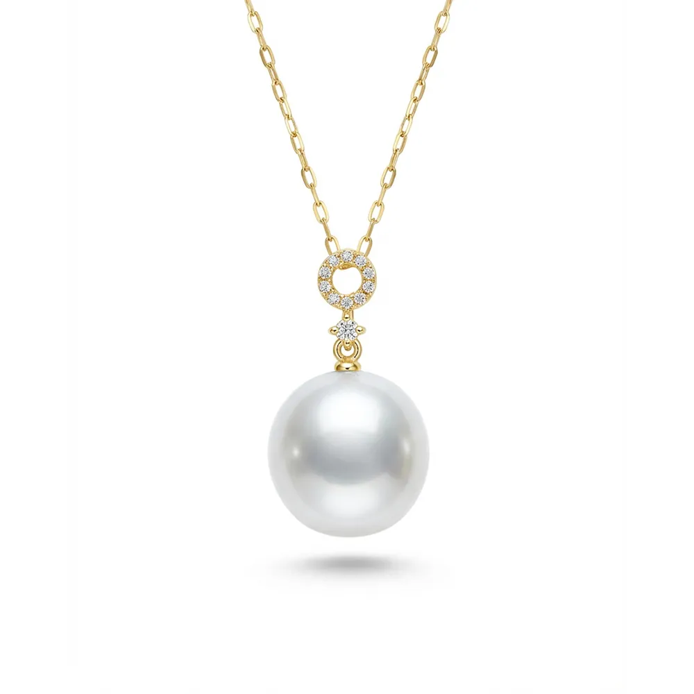 【City Diamond 引雅】網路獨家 18K 日本 南洋珍珠 白珠 10.5-11mm 鑽石 黃K金 伸縮 項鍊(東京Yuki系列)