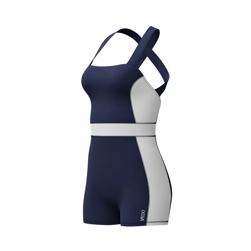 【SPEEDO】女 休閒連身平口泳裝 Colorblock 深藍/白