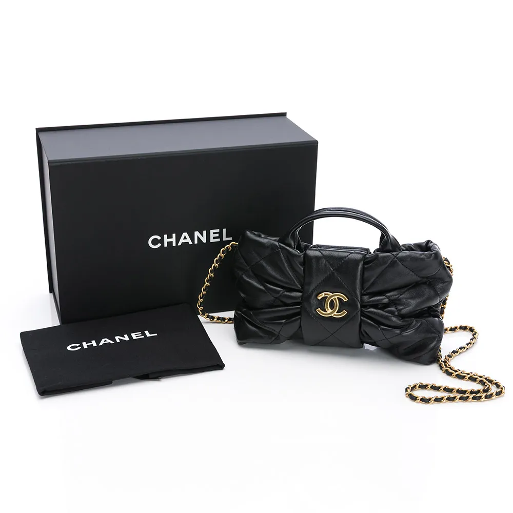 【CHANEL 香奈兒】25K 迷你 蝴蝶結包(黑/金-亮面小羊皮/金黑雙色鏈帶)『entrupy安心購』