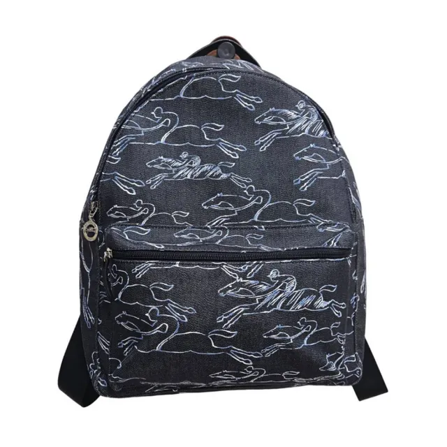 【LONGCHAMP】LE PLIAGE COLLECTION系列馬術塗鴉丹寧布後背包(海軍藍)