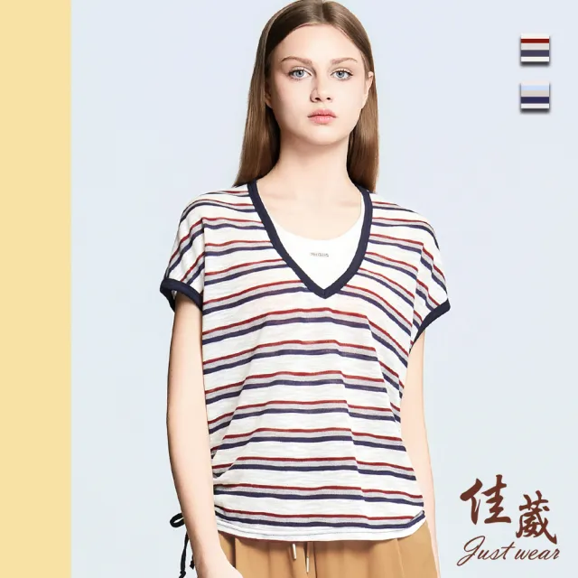 【Just Wear 佳葳】V領假兩件彩條針織上衣 2色(女上衣/女上著/修身/短袖/條紋/拼接/休閒/百搭)