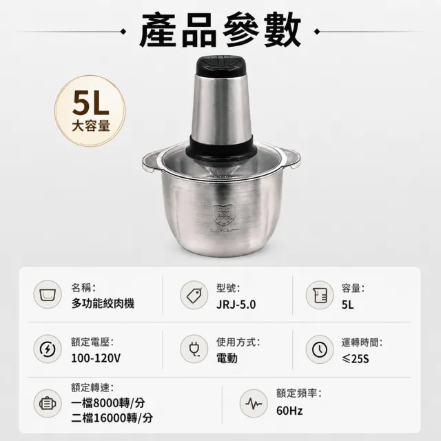 【Felsted 菲仕德】現貨 5L大容量電動碎肉機 25秒極速絞肉(110V/雙檔高轉速/5葉鋼刀/水餃餡/攪拌機)