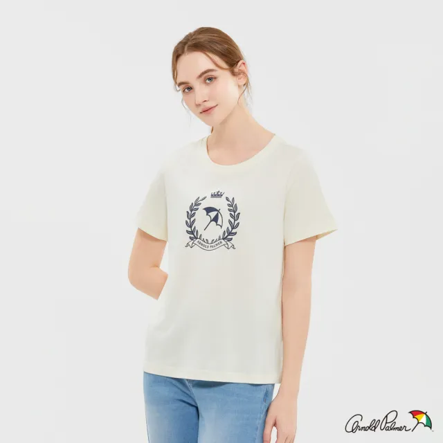 【Arnold Palmer 雨傘】女裝-經典大傘LOGO圓領T-shirt-淡黃色