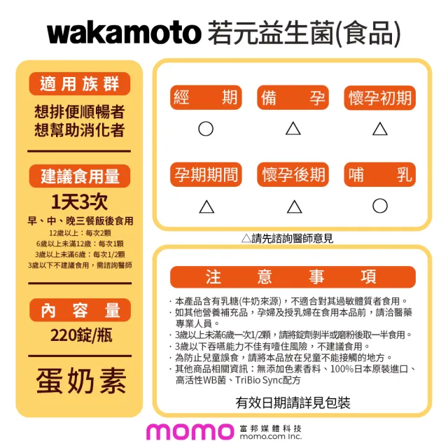 【Wakamoto】若元益生菌 兩瓶組(220錠/瓶_食品、獨家高活性WB菌、TriBio Sync配方、使排便順暢、日本原裝)