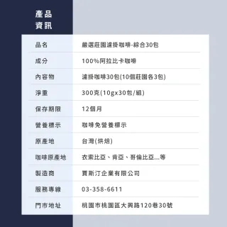 【JC咖啡】嚴選莊園濾掛咖啡-綜合30包(10g/包-10個莊園各3包;精品咖啡-去氧設備包裝;小紙箱環保包裝)