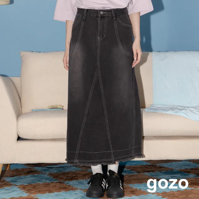 【gozo】MOMO獨家款★限量開賣 個性抽鬚微A字牛仔長裙(深灰)