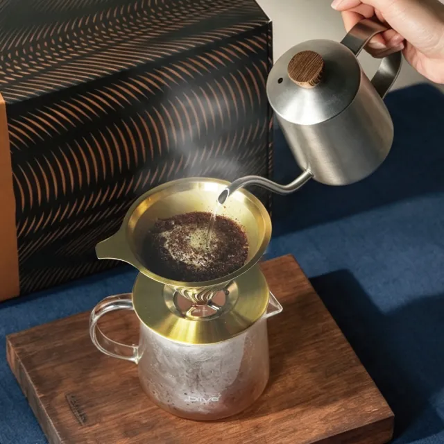 【Driver】經典鈦黃金手沖咖啡禮盒 1-2cup(手沖壺 咖啡濾杯 不鏽鋼濾杯 耐熱玻璃壺 送禮推薦 咖啡套組)