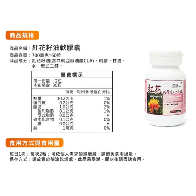 【草本之家】紅花籽油CLA軟膠囊10入組60粒/入(紅花共軛亞麻油酸)