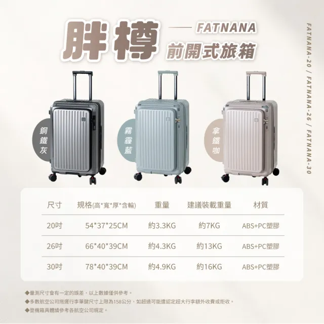 【NARECA】胖樽前開式旅箱 20吋 煞車輪 掀旅箱 前開式 大容量 可擴充 行李箱 旅行箱 登機箱 FATNANA-20