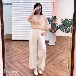 【my stere 我的時尚秘境】雙11 荷葉領花卉刺繡透膚上衣 淺粉 可捲五分袖 雪紡衫 透膚上衣 刺繡上衣 氣質上