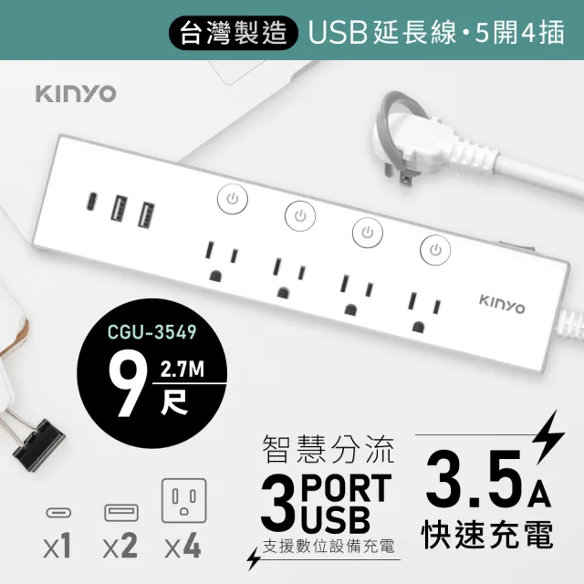 【KINYO】五開四插雙USB延長線 2.7M(CGU-3549)
