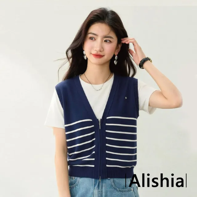 【Alishia】日系簡約條紋V領兩件式疊穿上衣 背心 T恤 S-XL(藍色)