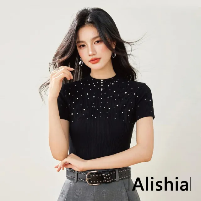 【Alishia】復古時尚純色質感珍珠短袖修身上衣 T恤 S-XL(黑色)