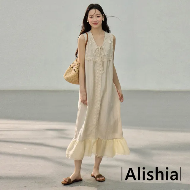 【Alishia】復古時尚拼接質感雕花V領背心連身裙 背心裙 洋裝 F(米色)