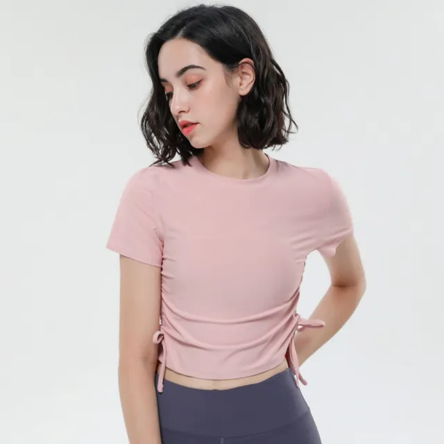 【米蘭精品】現貨+預購 女運動服短袖瑜珈服居家運動服裸感親膚透氣速乾-圓領抽繩露肚純色女上衣m3ac38