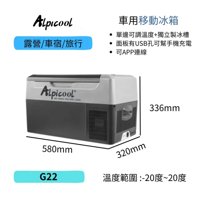 【Alpicool】冰虎 22公升 雙槽行動冰箱 車用移動冰箱 露營 冷藏冷凍 美規強效版壓縮機 G22 總代理公司貨