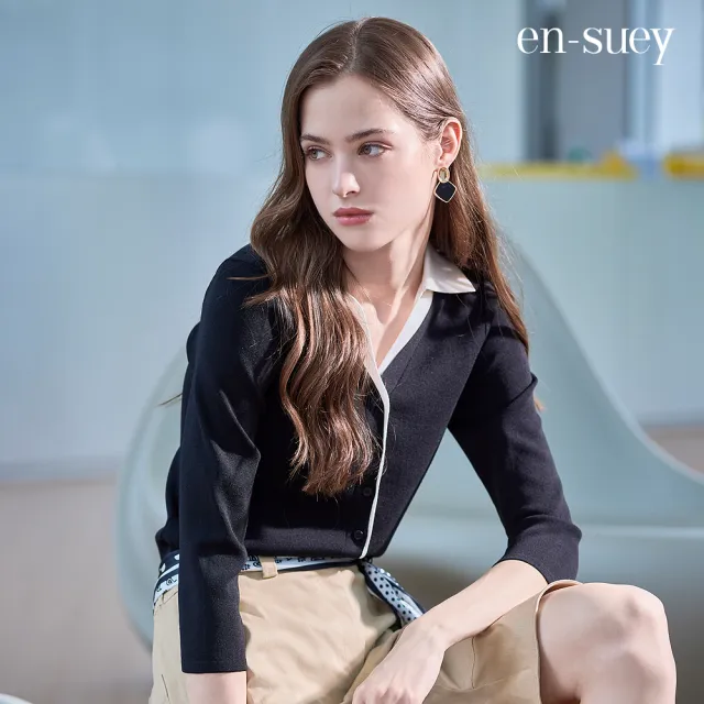 【en-suey 銀穗】EU假兩件翻領開襟線衫-女
