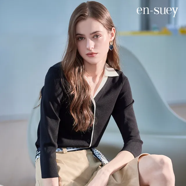 【en-suey 銀穗】EU假兩件翻領開襟線衫-女